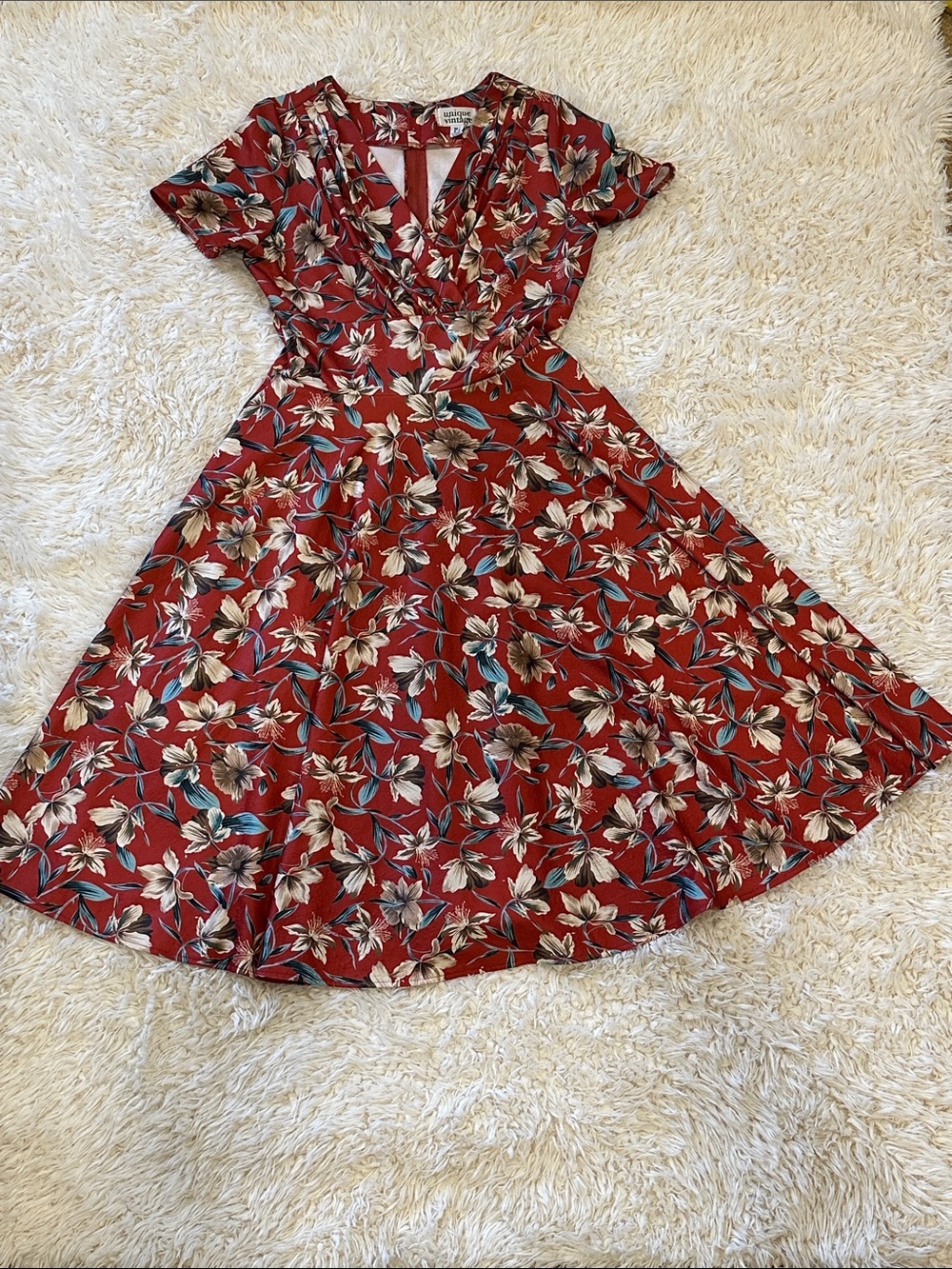 Unique Vintage Red Floral Swing Dress